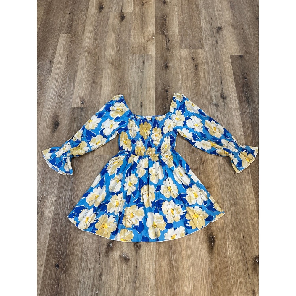 With Love Molly Blue Yellow Floral Smocked Boho Square Neck‎ Ruffle Sleeve Large